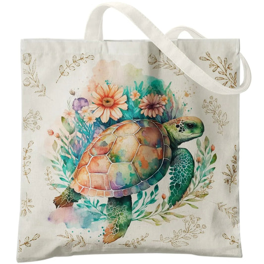 Floral Sea Turtle Canvas Beach Tote